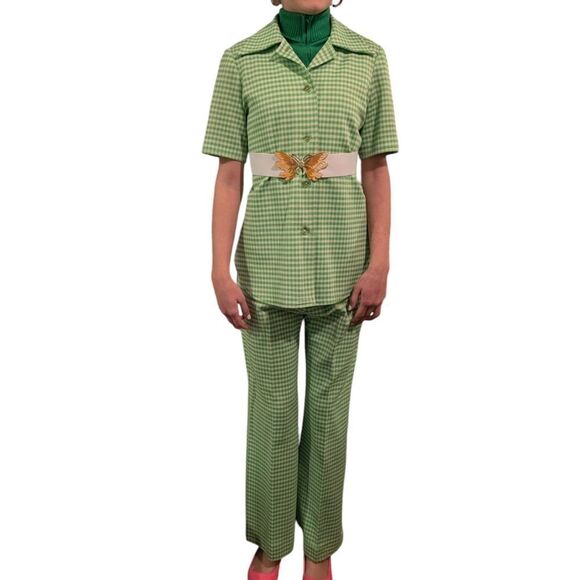 Women's 70s Vintage 3 Piece Polyester Green & White Checkered Leisure Suit Set - Picture 7 of 13